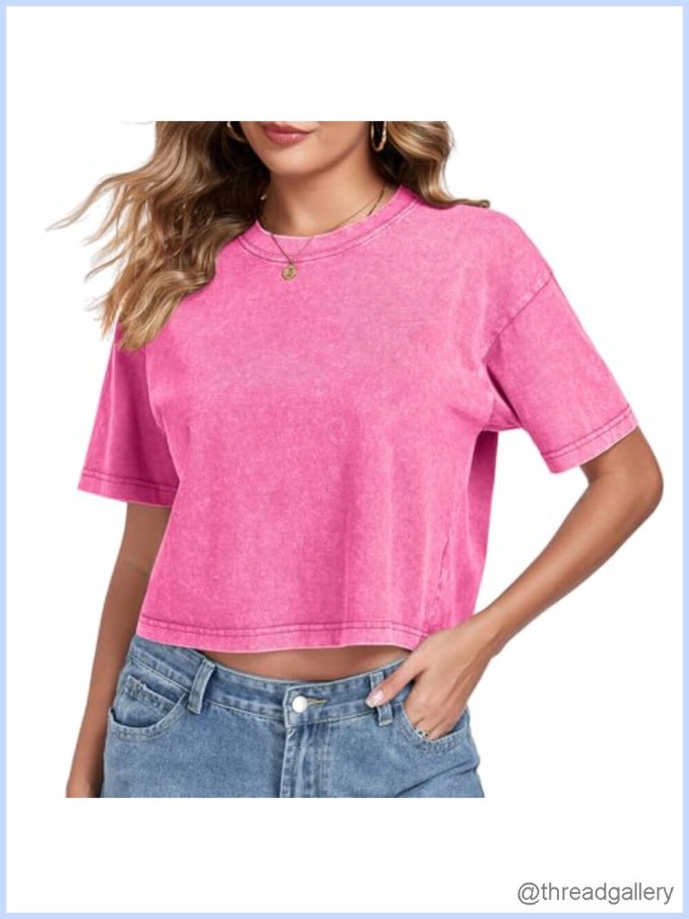 Womens Acid Wash Crop Top Short Sleeve Crew Neck Loose Fit Casual Summer Tee
